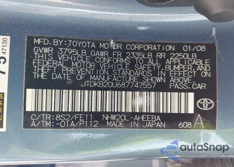 2008 Toyota Prius z USA, uszkodzony, nr VIN JTDKB20U687747557